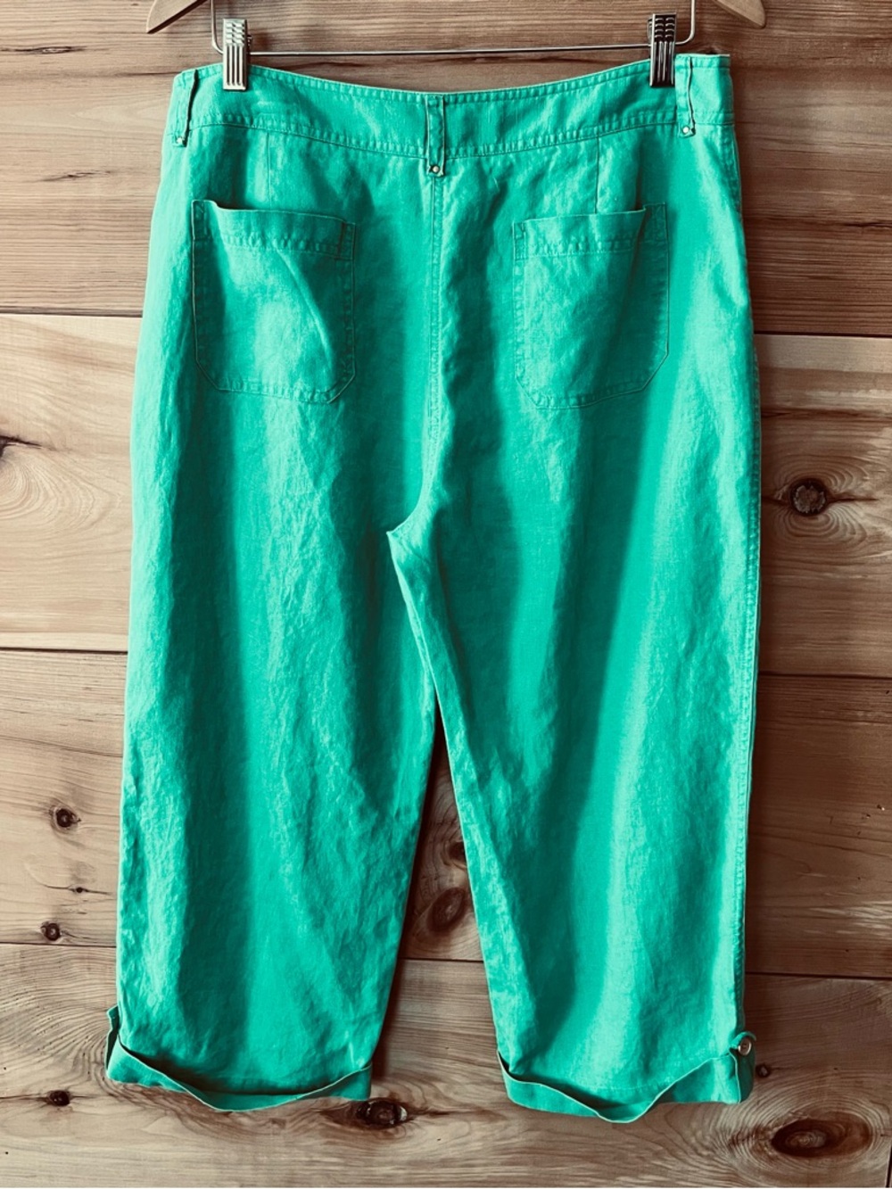 Jones New York 100% Linen Kelly Green Cropped Cuffed Pants Soft Cabincore Preppy - Picture 9 of 9